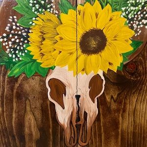 skull & Sunflower painting on Wood Floral Wall Art